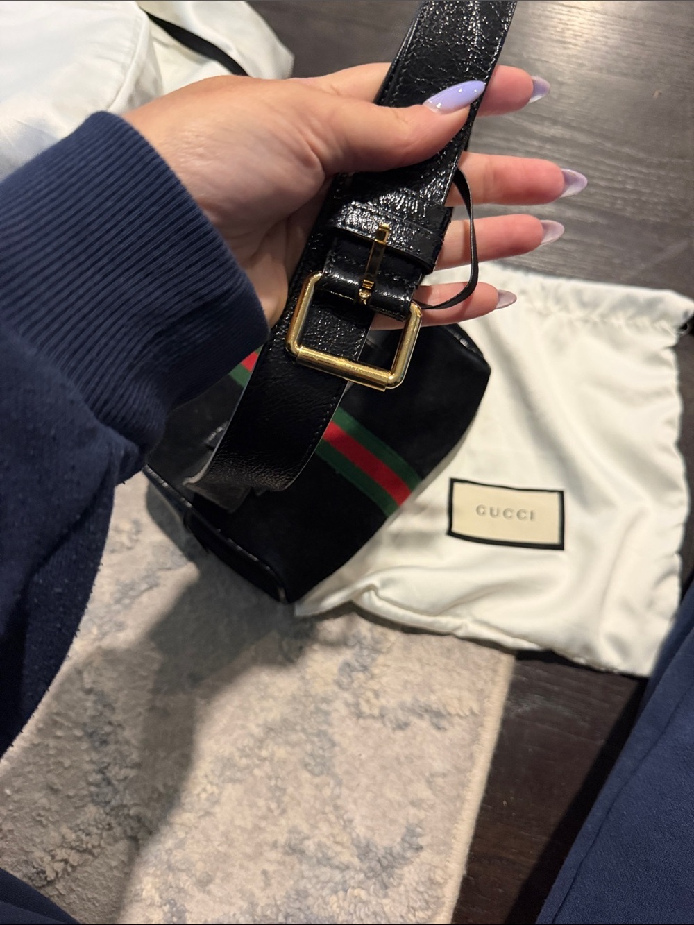 Gucci Black Suede & Leather Belt Bag with Green-Red Web Stripe - Picture 3 of 3
